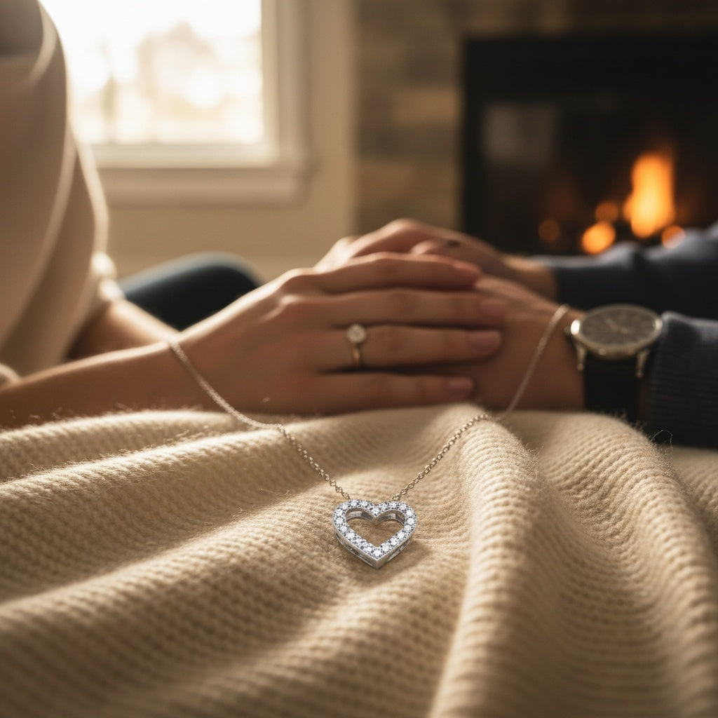 A heart pendant necklace between a woman and a man
